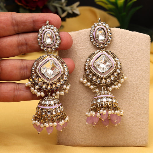 Pink Color Kundan Earrings (KDE983PNK)