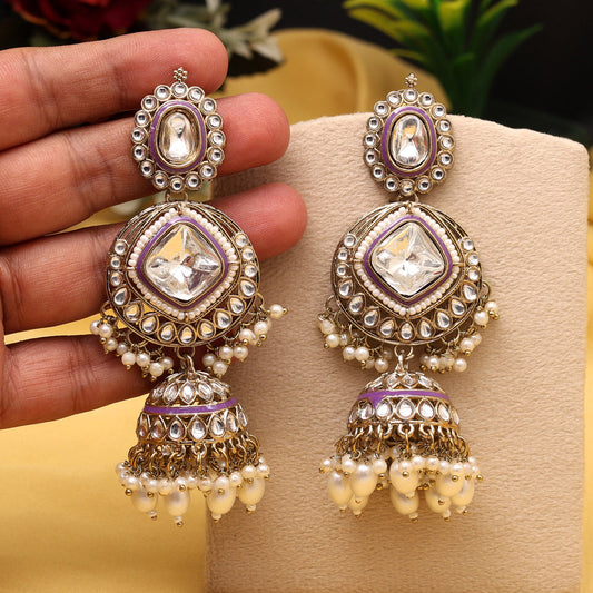 White & Purple Color Kundan Earrings (KDE983WHTPRP)