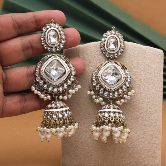 White Color Kundan Earrings (KDE983WHT)