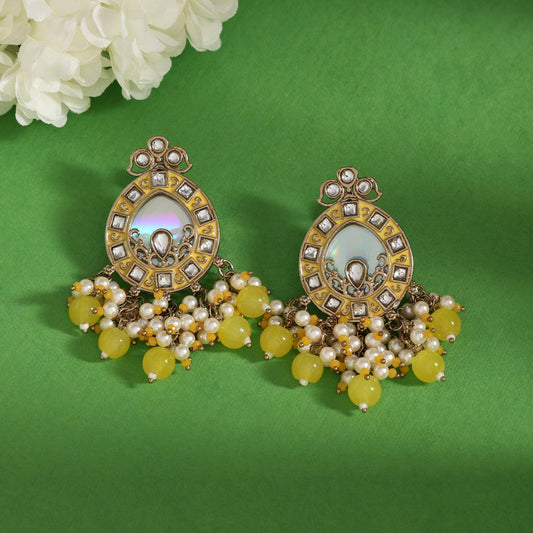Yellow Color Meena Work Kundan Earrings (KDE984YLW)