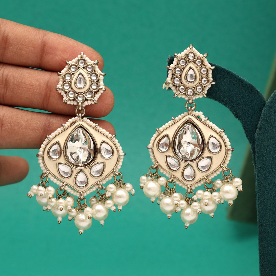 White Color Kundan Meenakari Earrings (KDE985WHT)