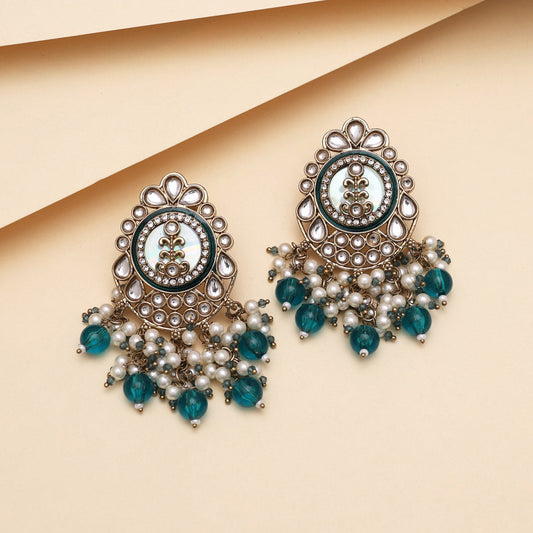 Turquoise Blue Color Kundan Earrings (KDE987TBLU)