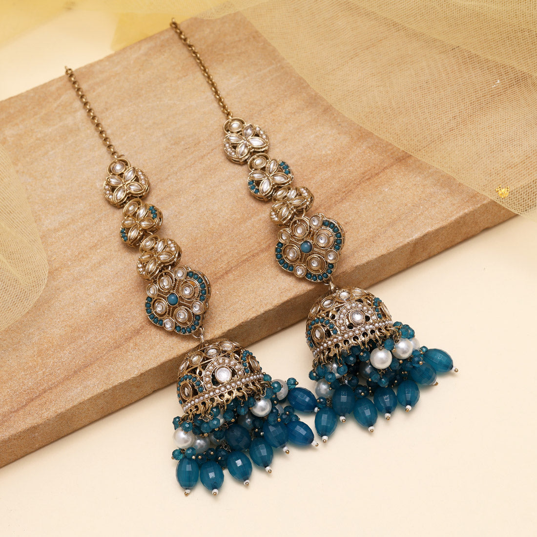 Turquoise Blue Color Big Size jhumka Kundan Earrings (KDE988TBLU)