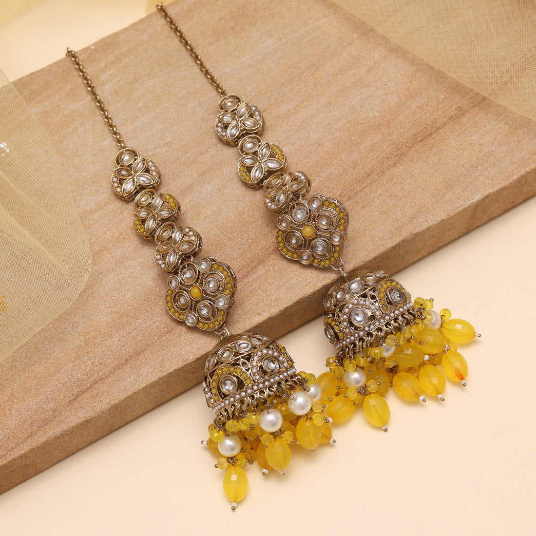 Yellow Color Big Size jhumka Kundan Earrings (KDE988YLW)
