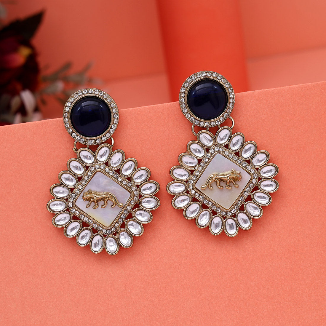Blue Color Kundan Earrings (KDE992BLU)
