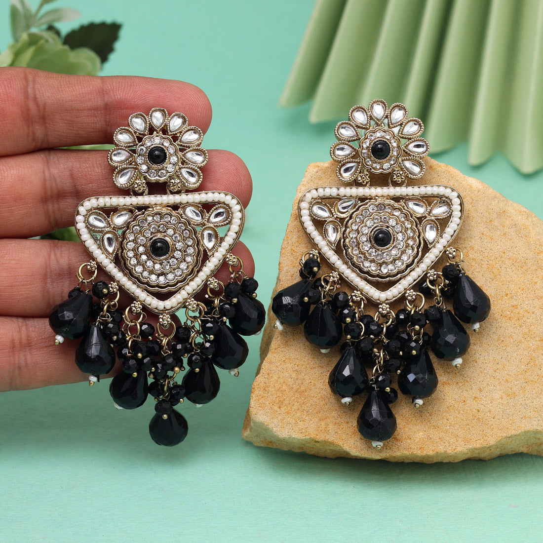 Black Color Kundan Earrings (KDE993BLK)