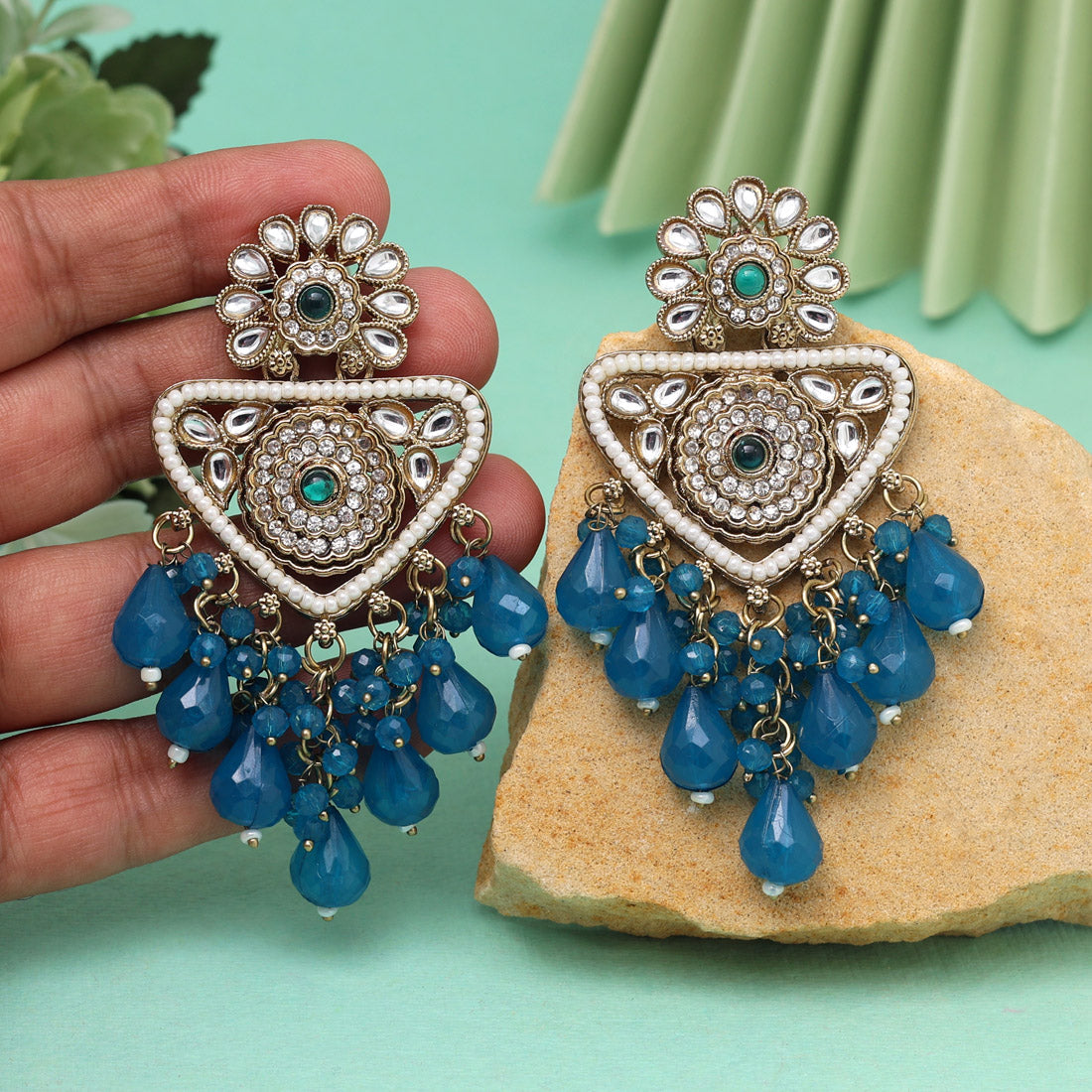 Turquoise Blue Color Kundan Earrings (KDE993TBLU)