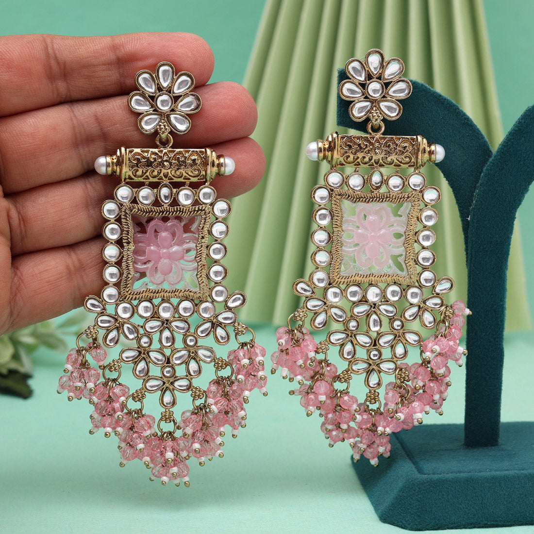 Pink Color Kundan Earrings (KDE995PNK)