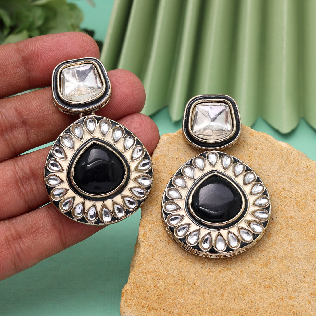 Rani Color Kundan Earrings (KDE999RNI) Black