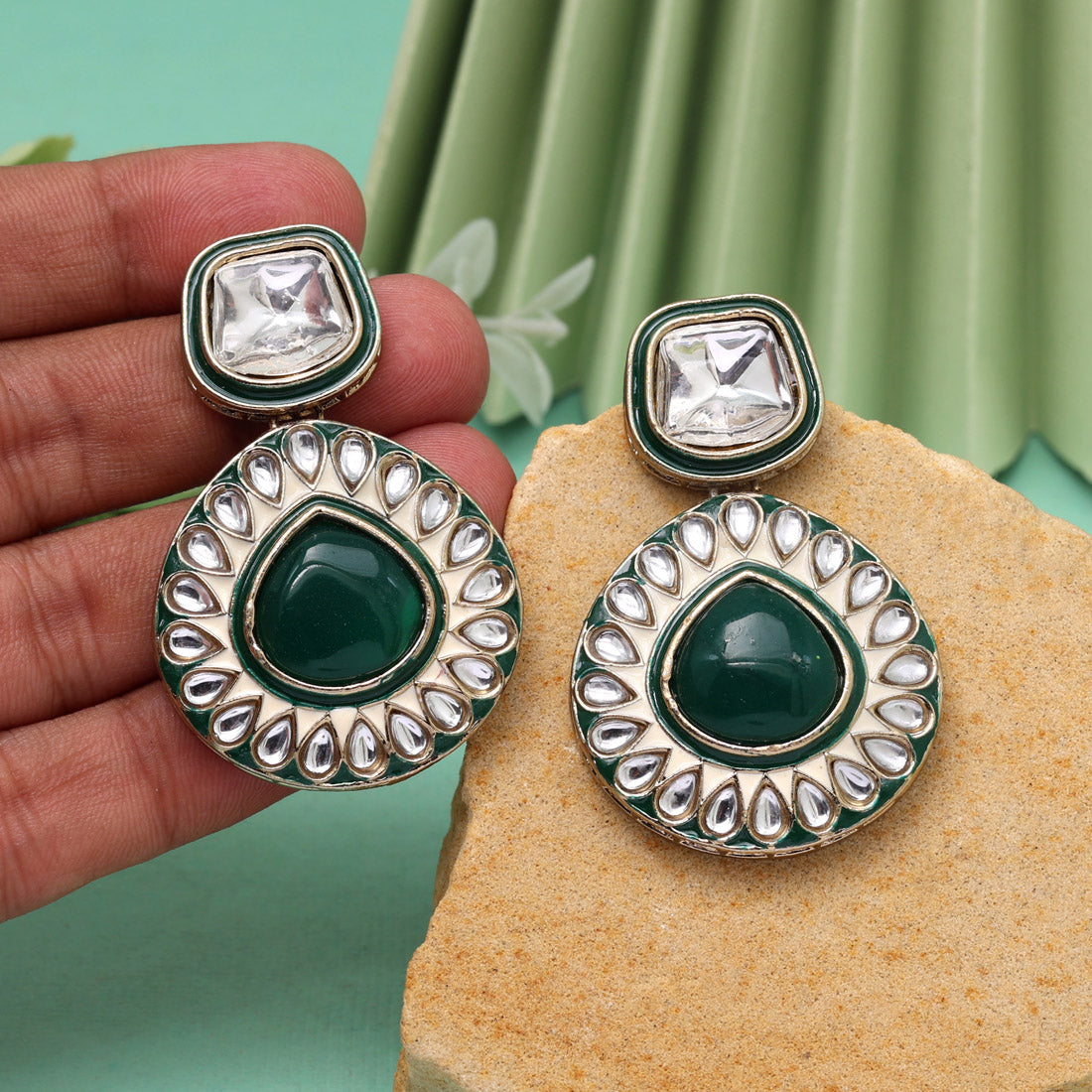 Rani Color Kundan Earrings (KDE999RNI) Green
