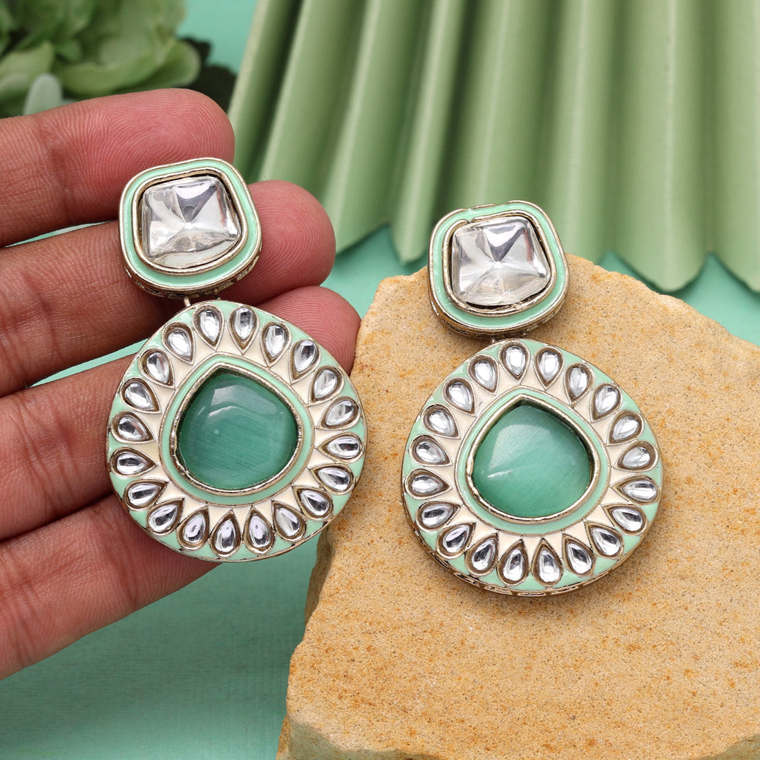 Rani Color Kundan Earrings (KDE999RNI) Pista Green