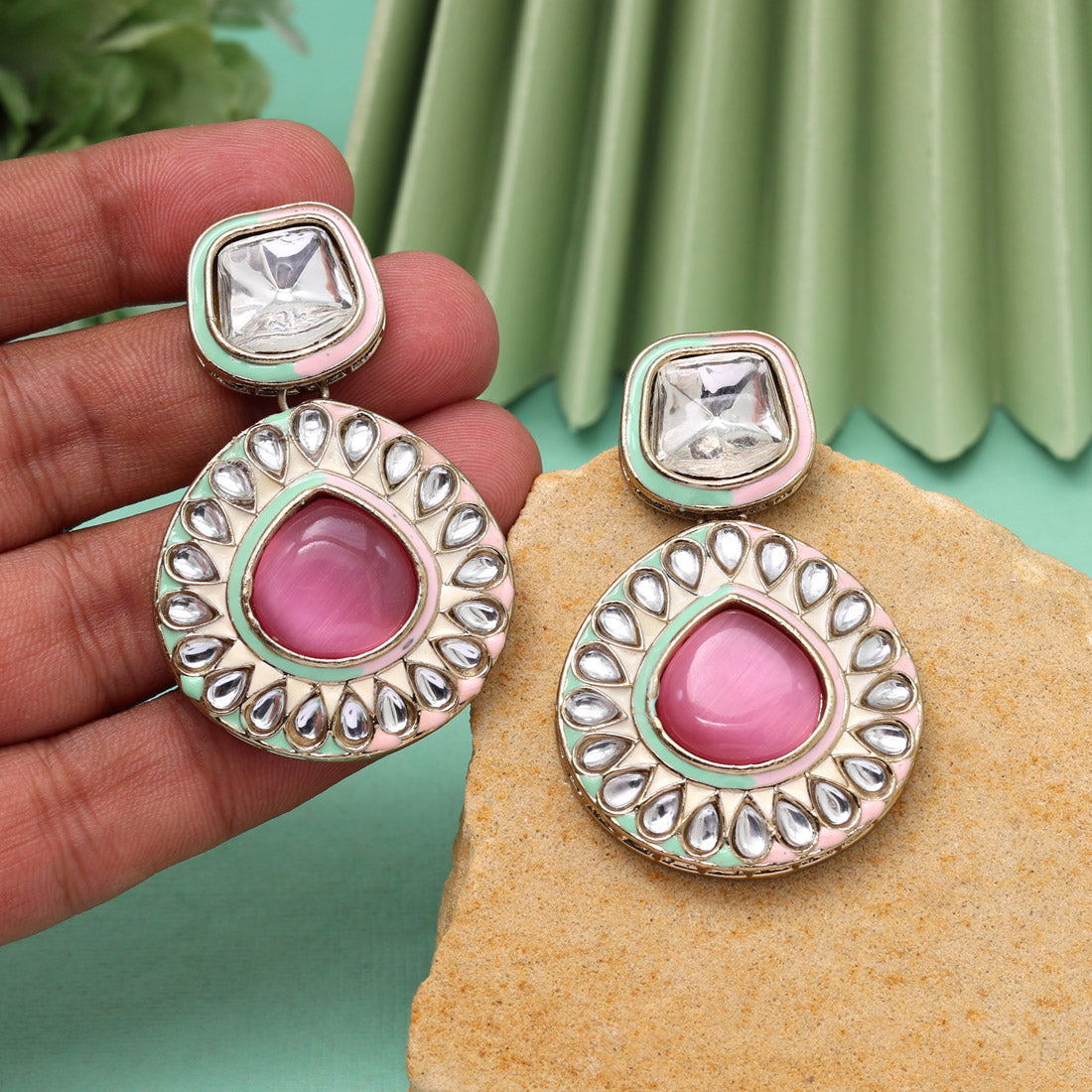 Rani Color Kundan Earrings (KDE999RNI) Pink & Pista Green
