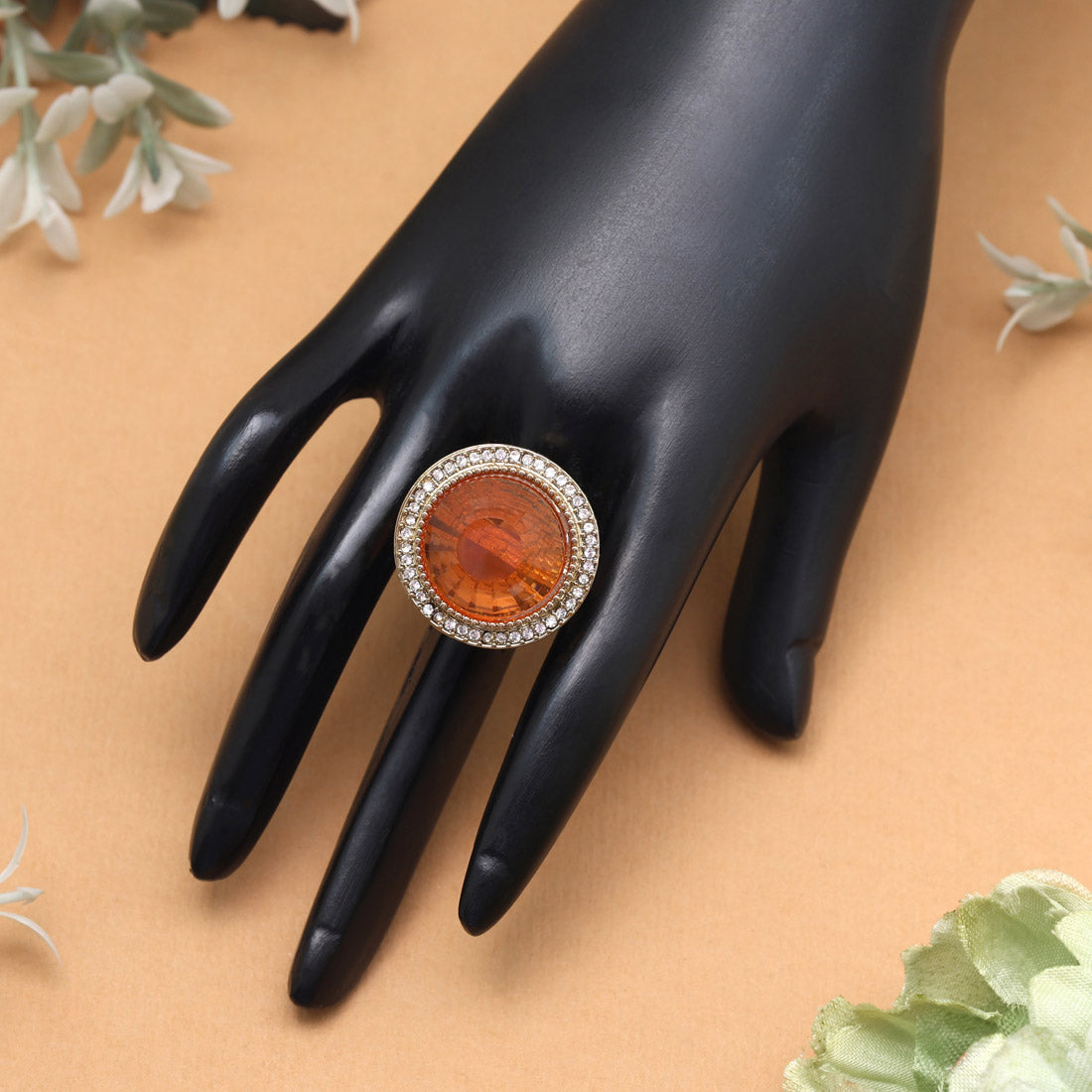 Vibrant Orange Color Kundan Ring For Women