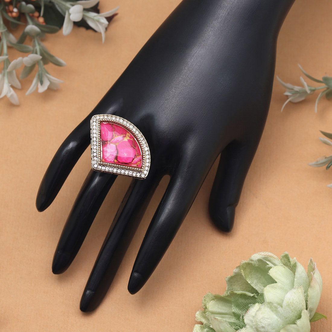 Peachy Pink Color Kundan Ring For Women