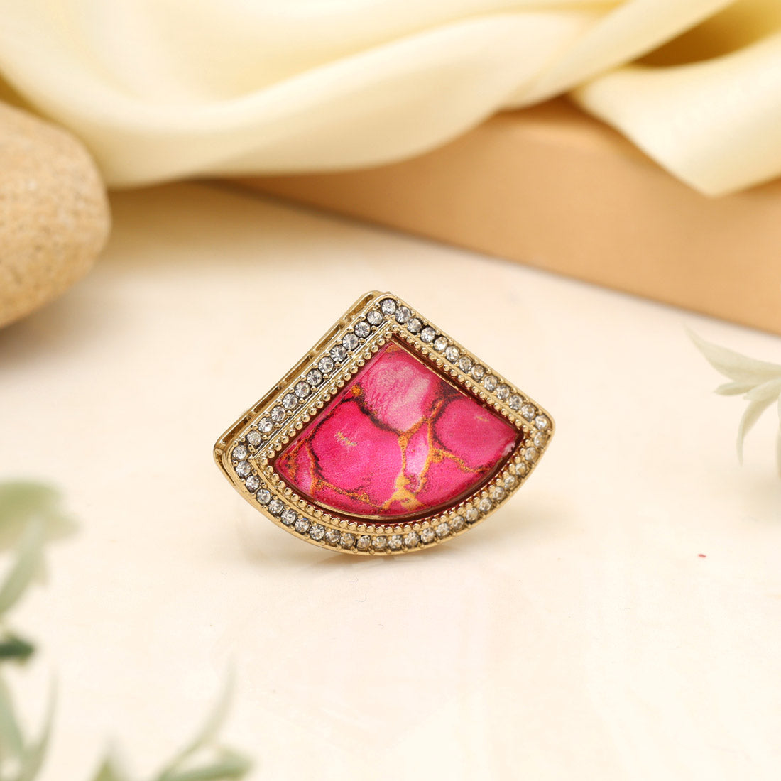Peachy Pink Color Kundan Ring For Women