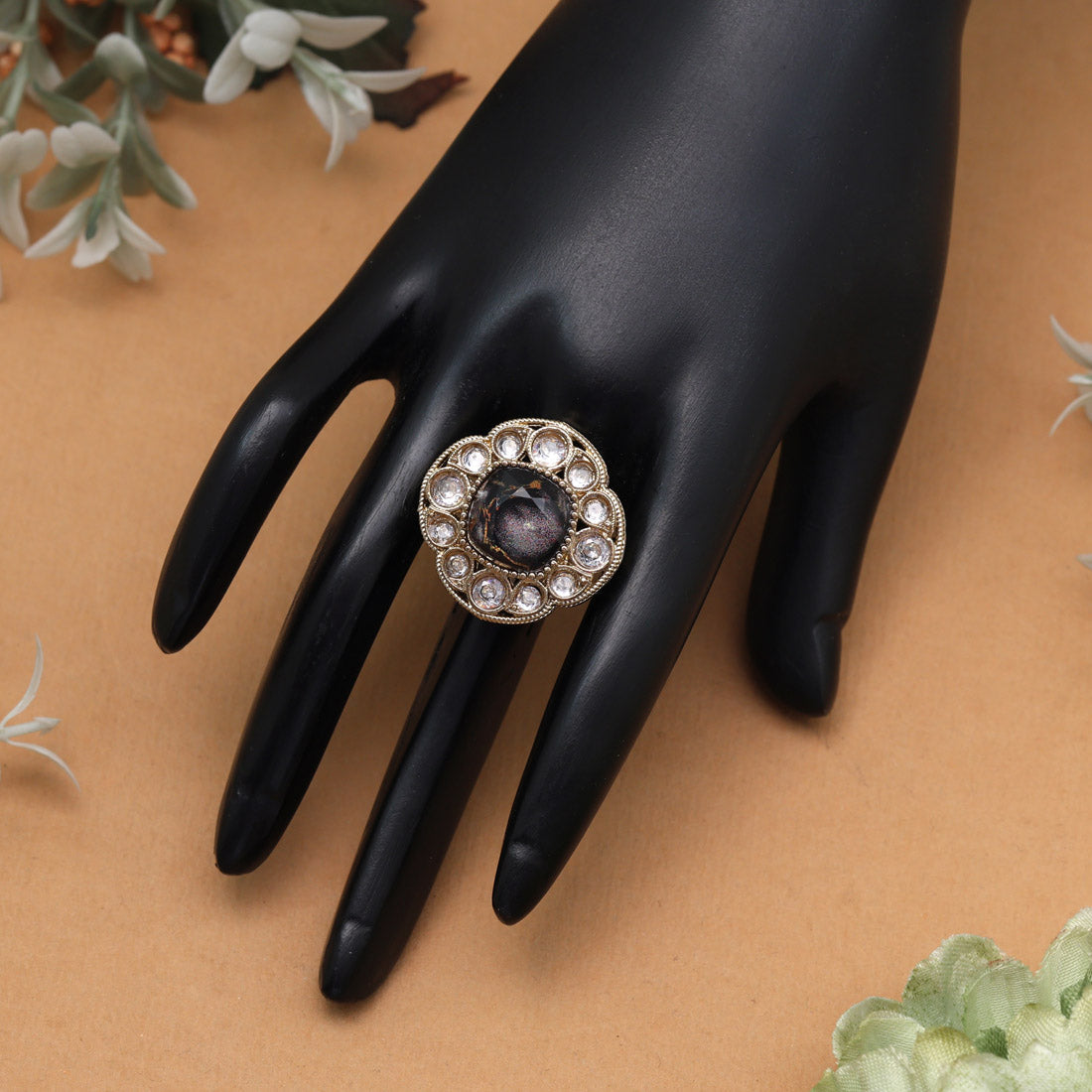 Matte Black Color Kundan Ring For Women