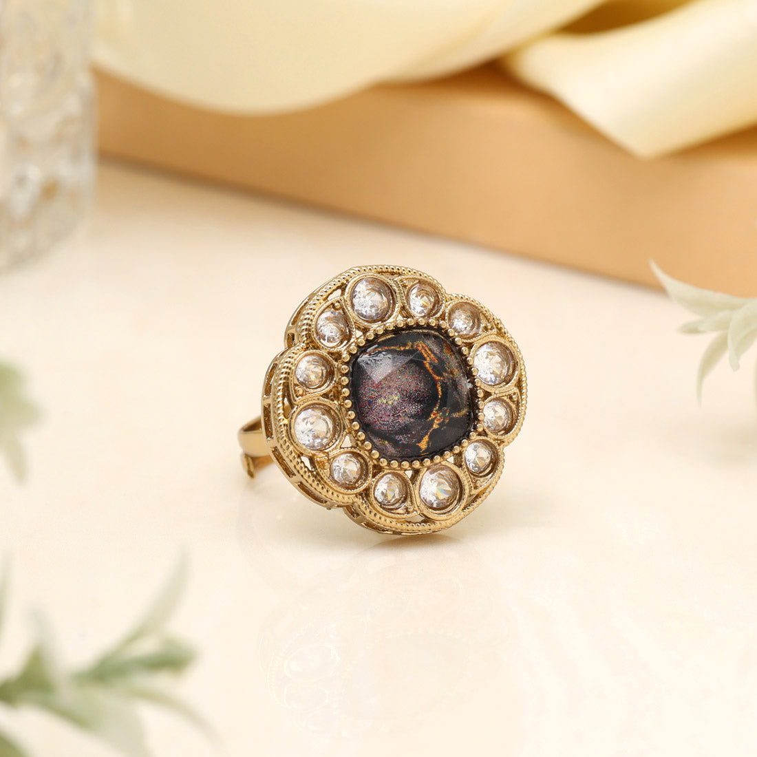 Matte Black Color Kundan Ring For Women