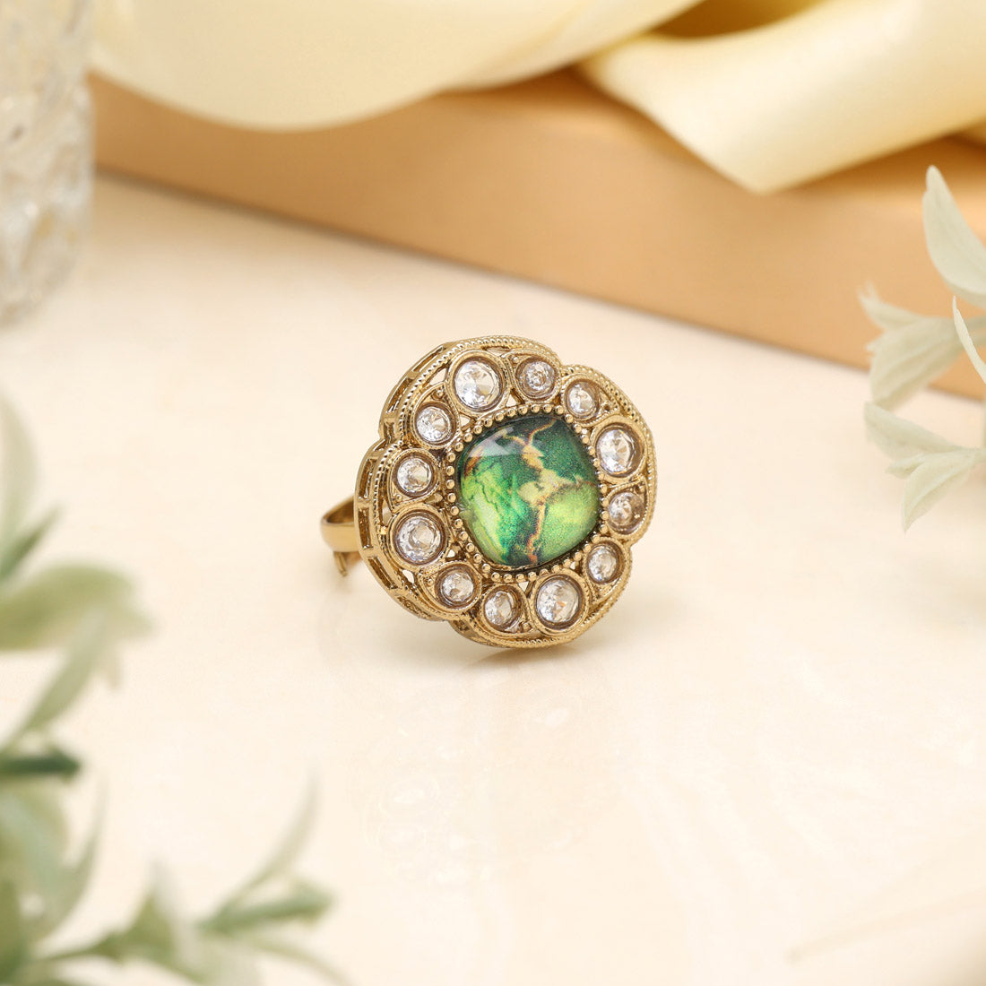 Leafy Green Color Kundan Ring For Women