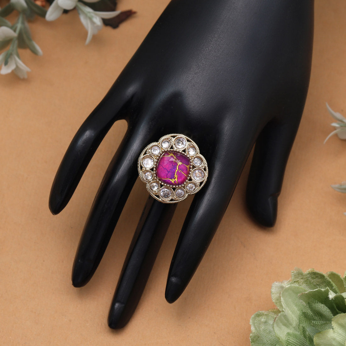 Glamorous Magenta Color Kundan Ring For Women