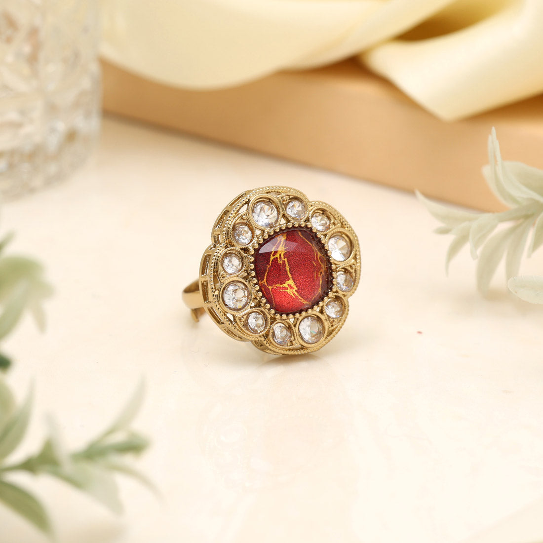 Cherry Red Color Kundan Ring For Women