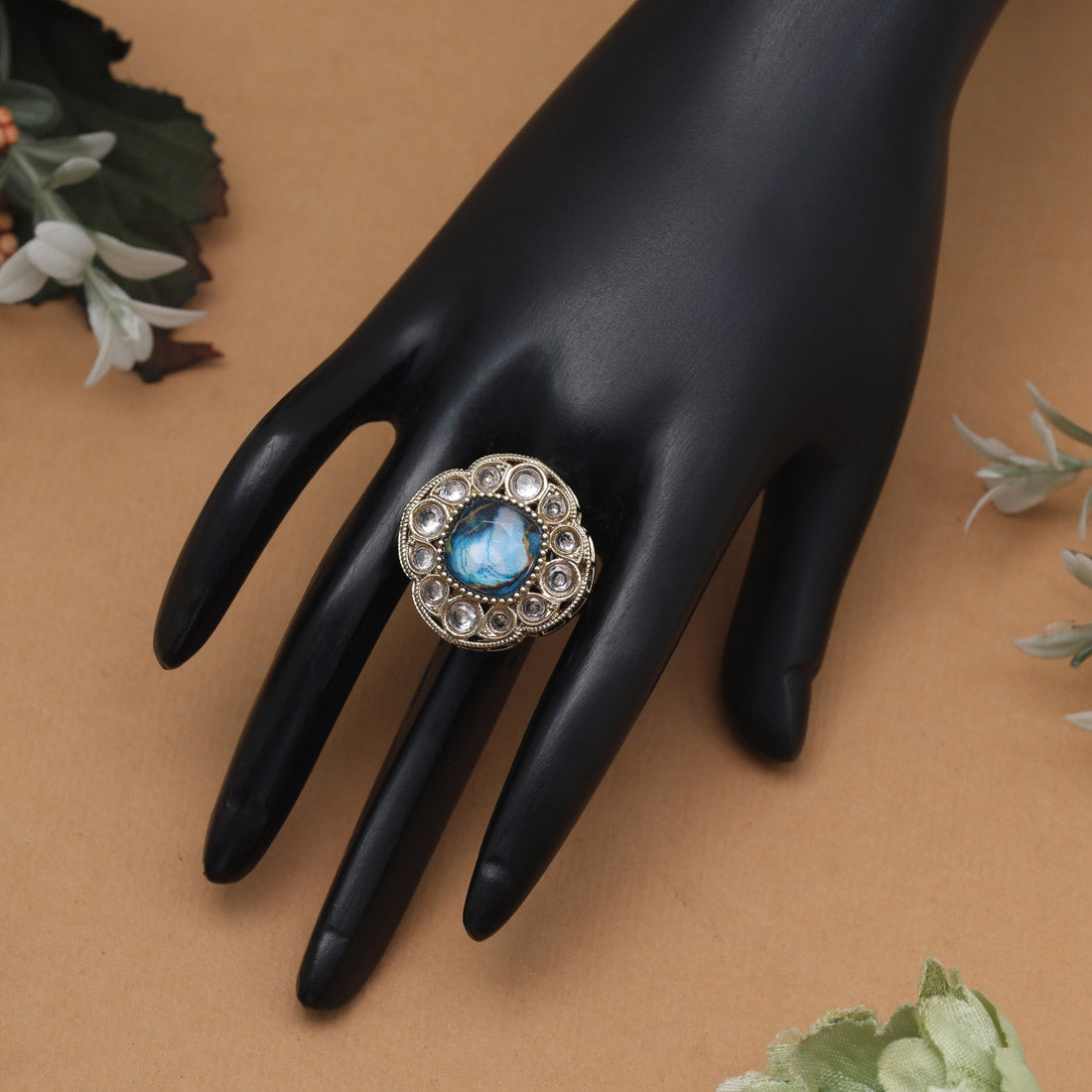 Bright Turquoise Blue Color Kundan Ring For Women