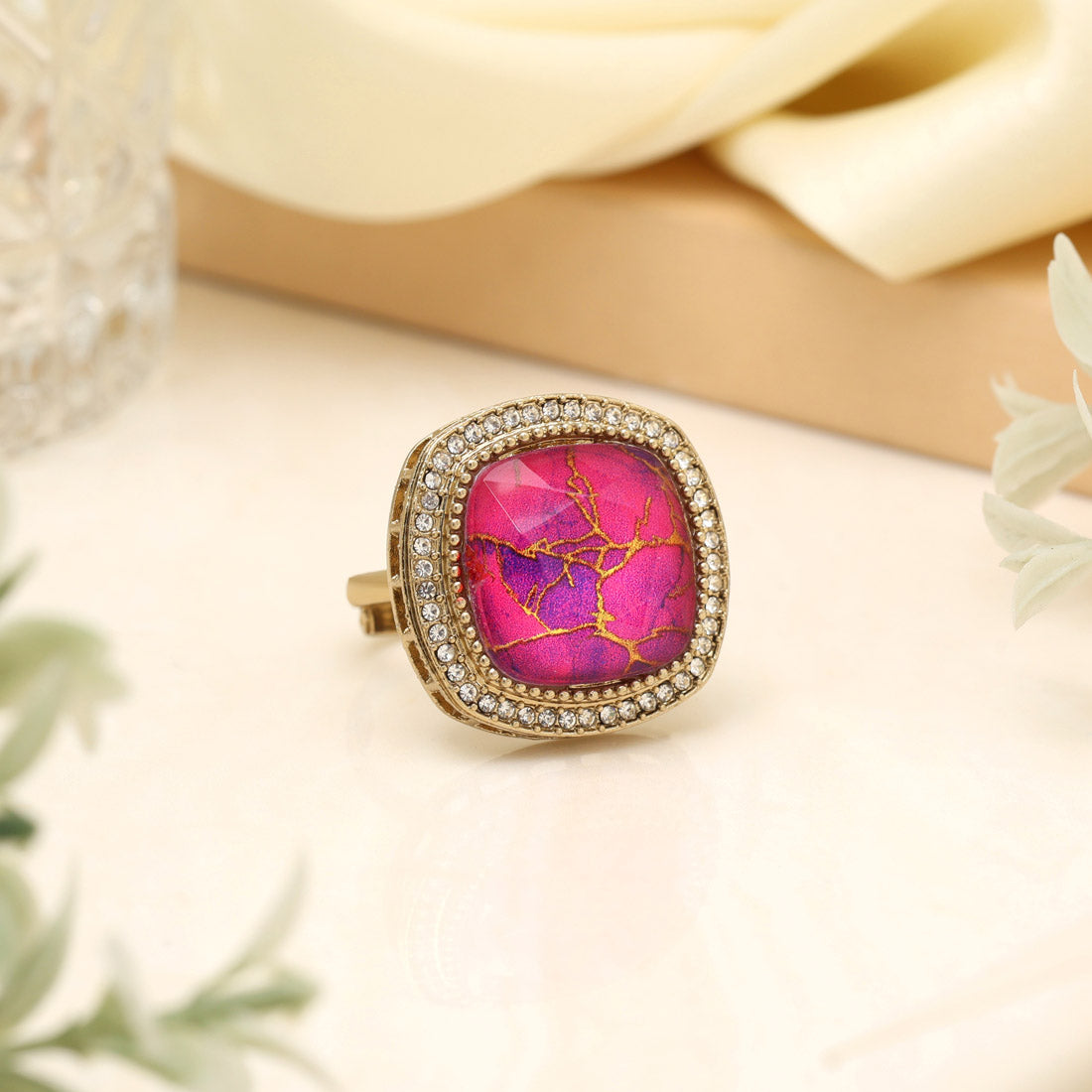 Elegant Rani Color Kundan Ring For Women