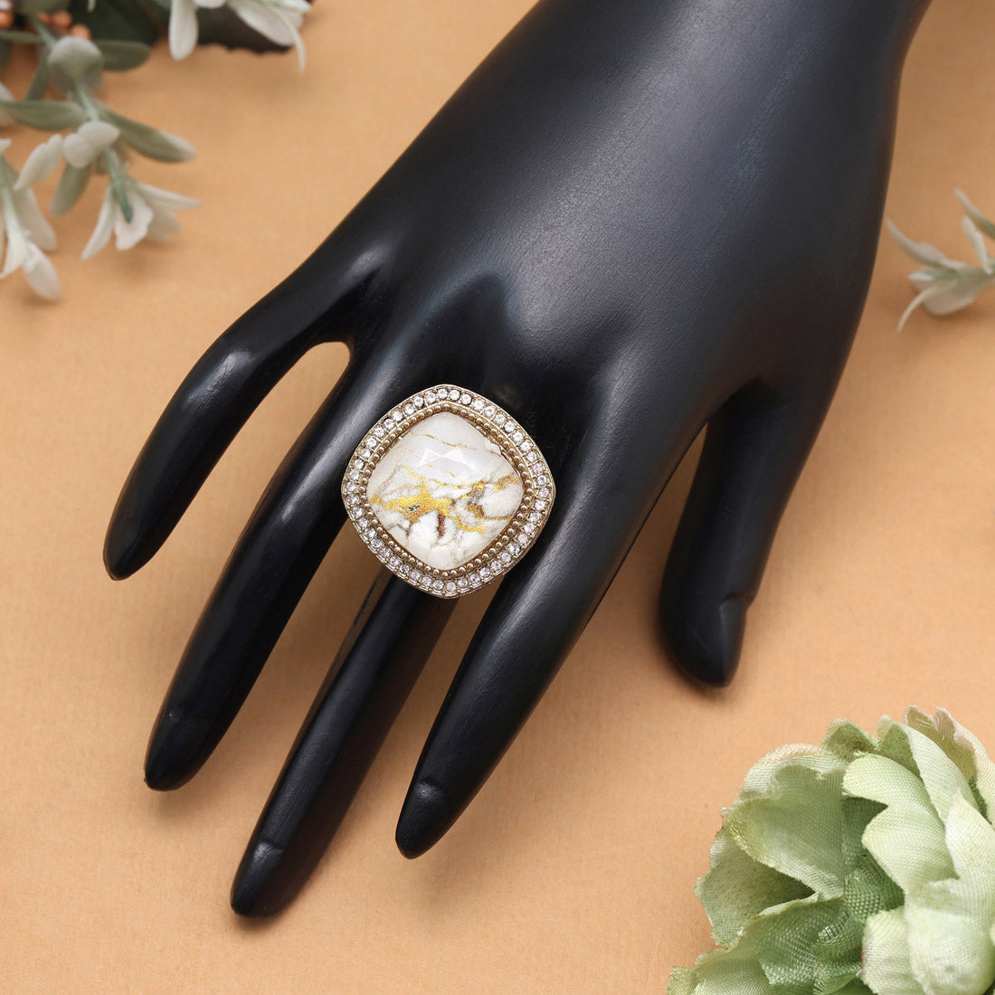 Snow White Color Kundan Ring For Women