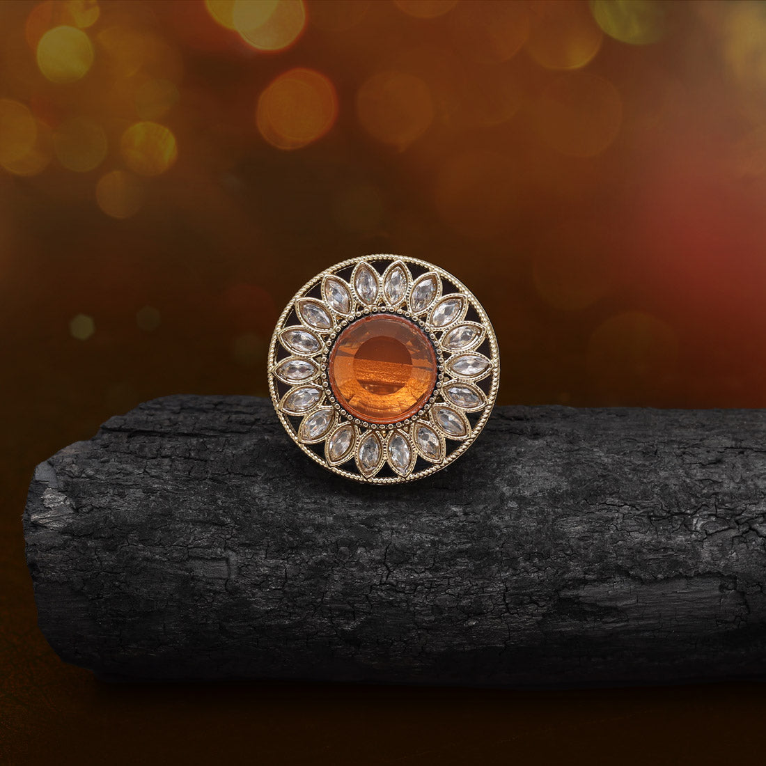 Bright Orange Color Kundan Ring For Women