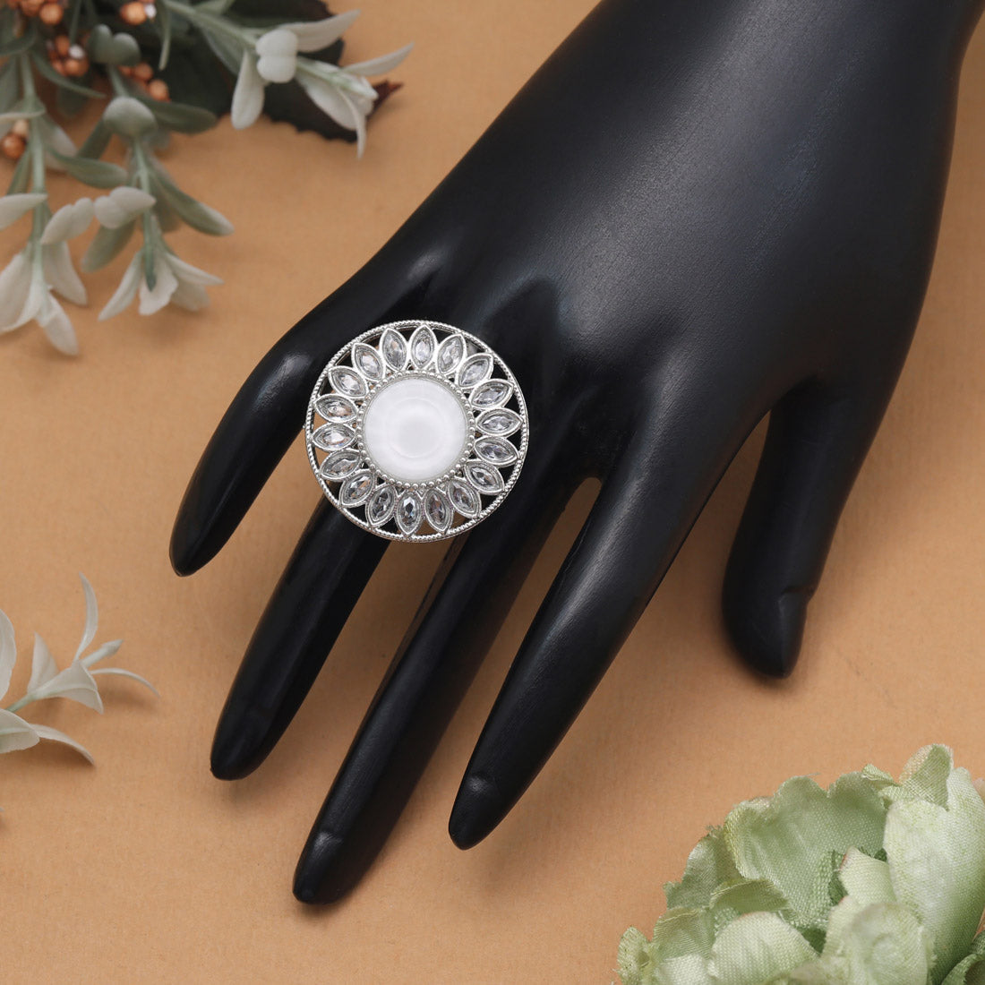 Metallic Silver Color Kundan Ring For Women