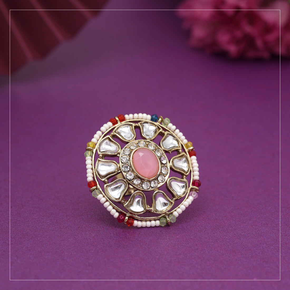Assorted Color 12 Pieces Of Kundan Finger Rings (KDR287CMB)