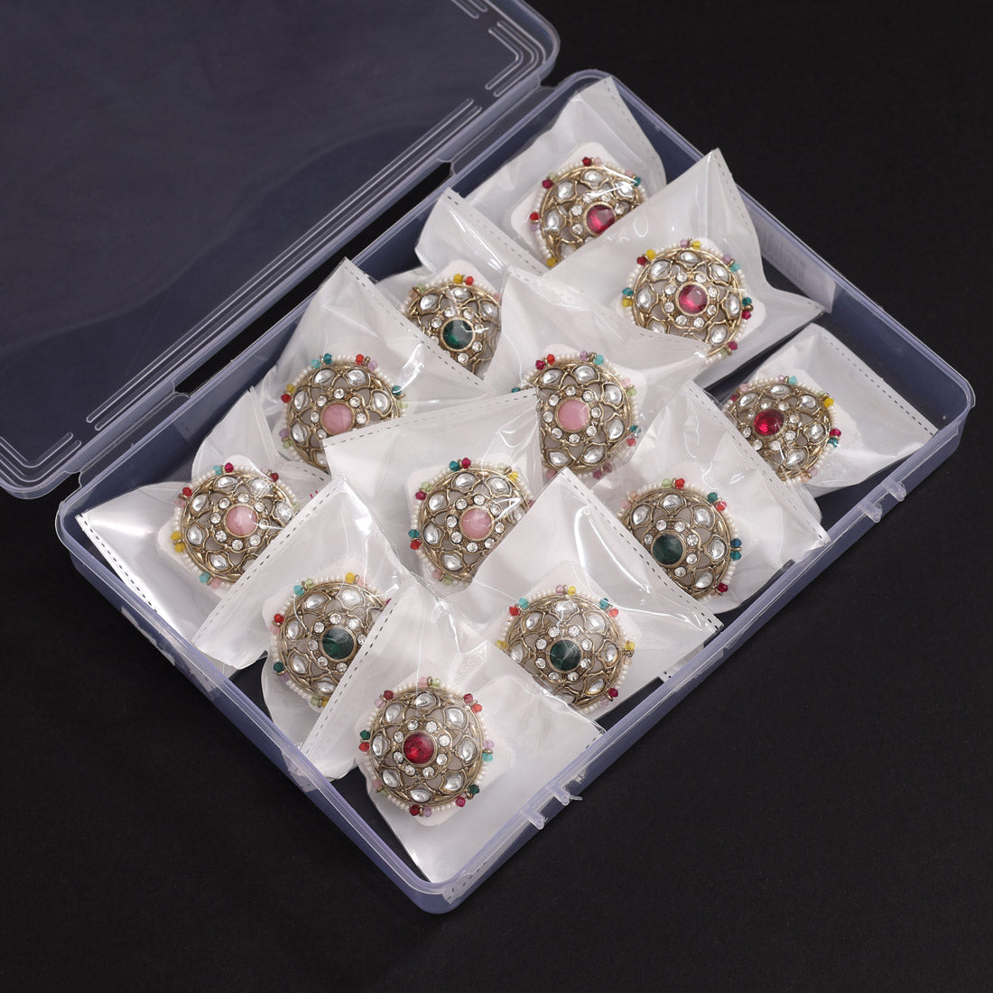 Assorted Color 12 Pieces Of Kundan Finger Rings (KDR289CMB)