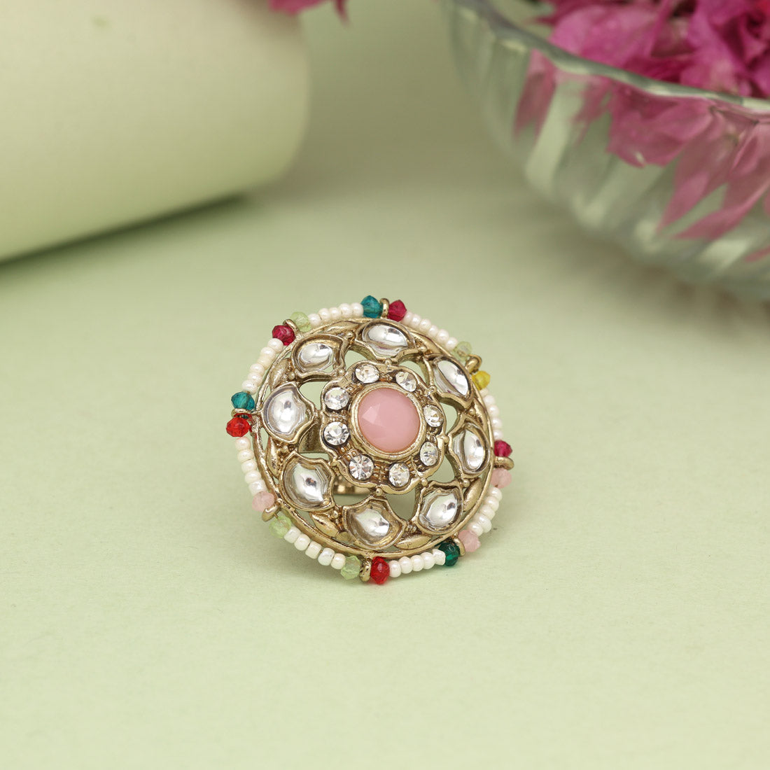 Assorted Color 12 Pieces Of Kundan Finger Rings (KDR289CMB)