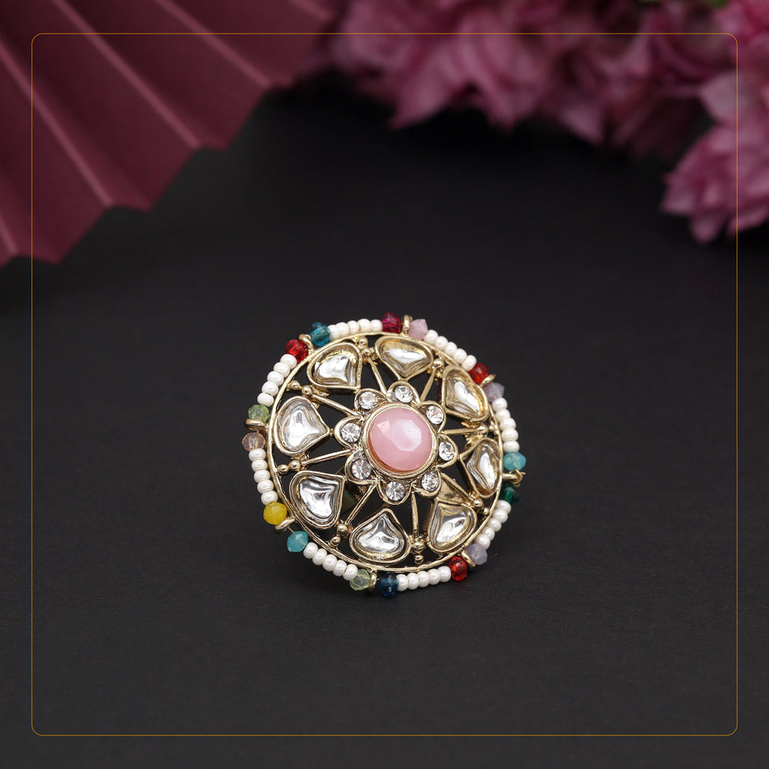 Assorted Color 12 Pieces Of Kundan Finger Rings (KDR290CMB)