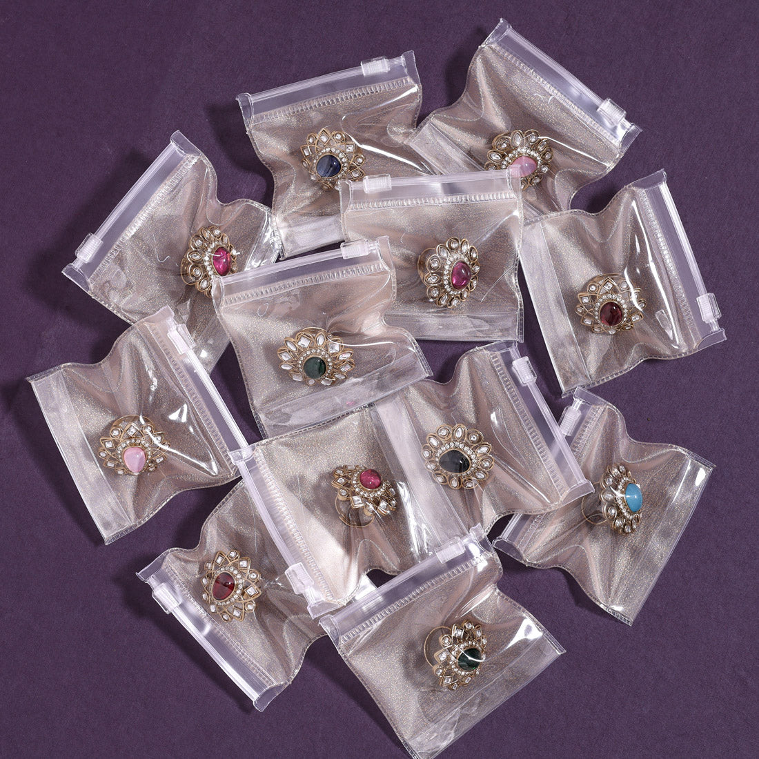 Assorted Color And Design Kundan Rings Collection – 12 Pieces