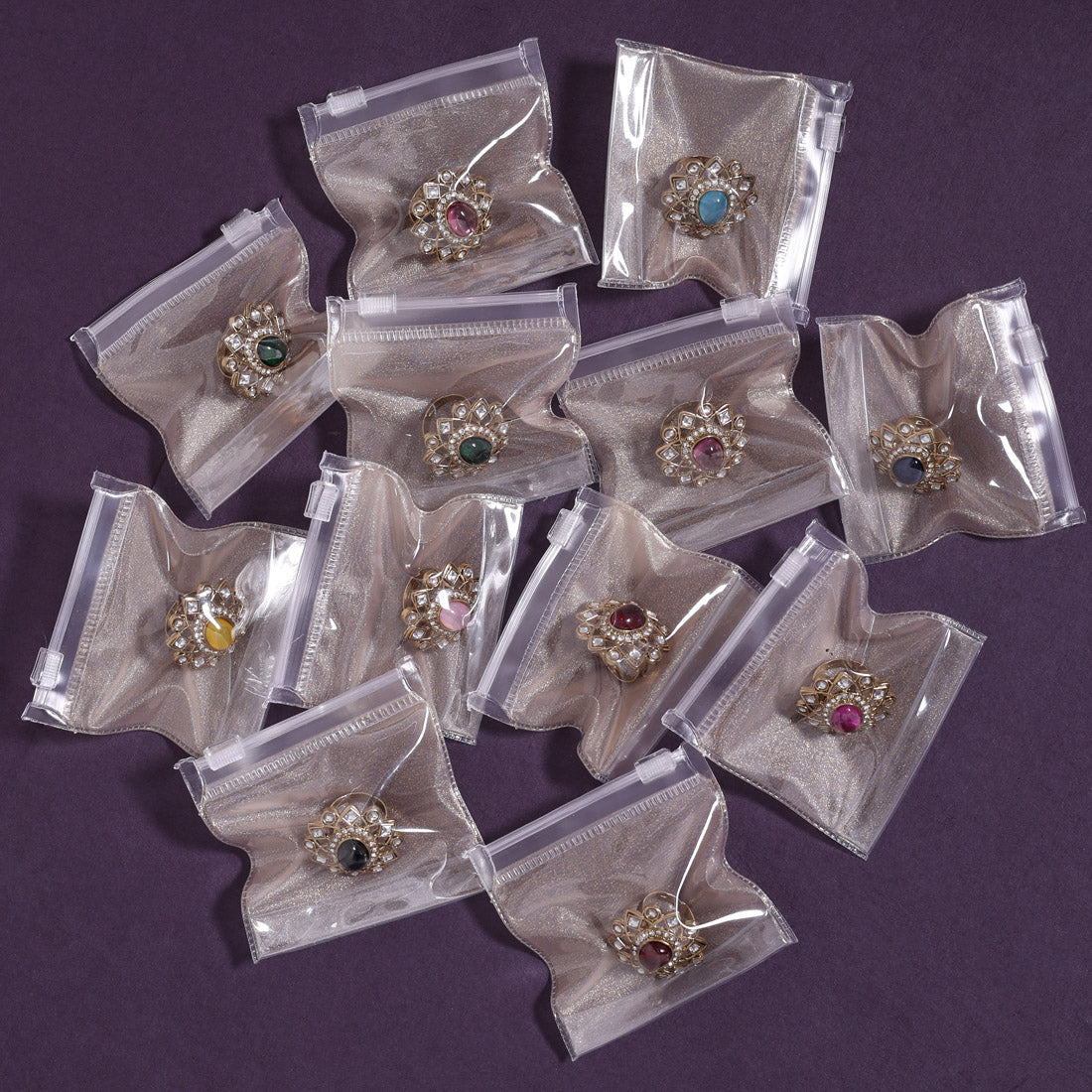 Assorted Color Kundan Finger Rings Pack – 12 Pieces