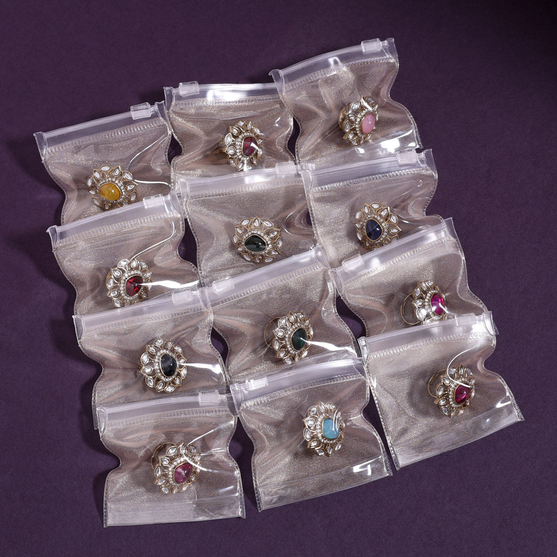 Assorted Color Stylish Kundan Rings – 12-Piece Set