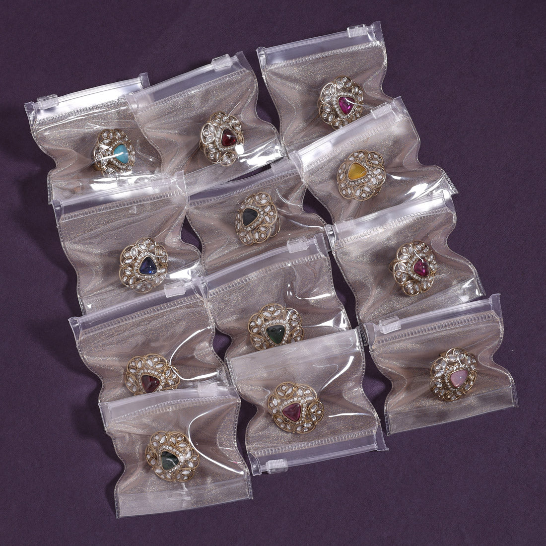 Assorted Color Traditional Kundan Rings – 12 Pieces
