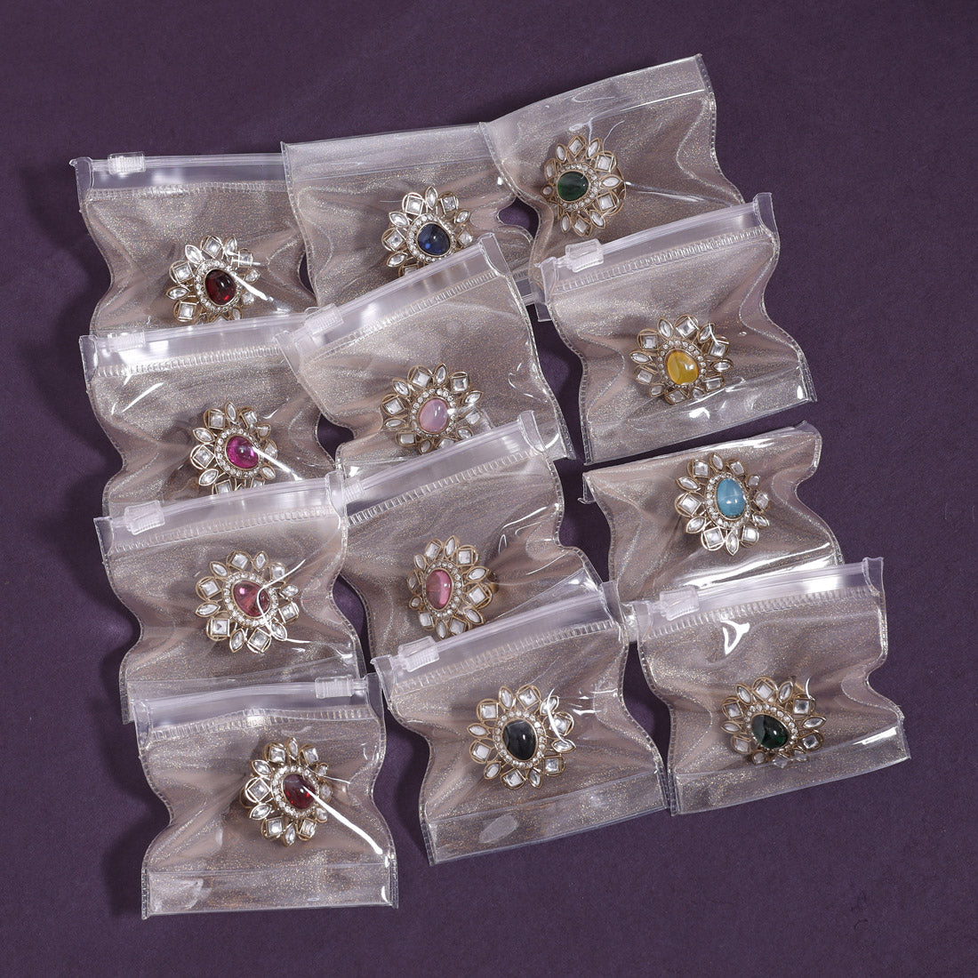 Assorted Color Festive Kundan Rings – 12-Pack