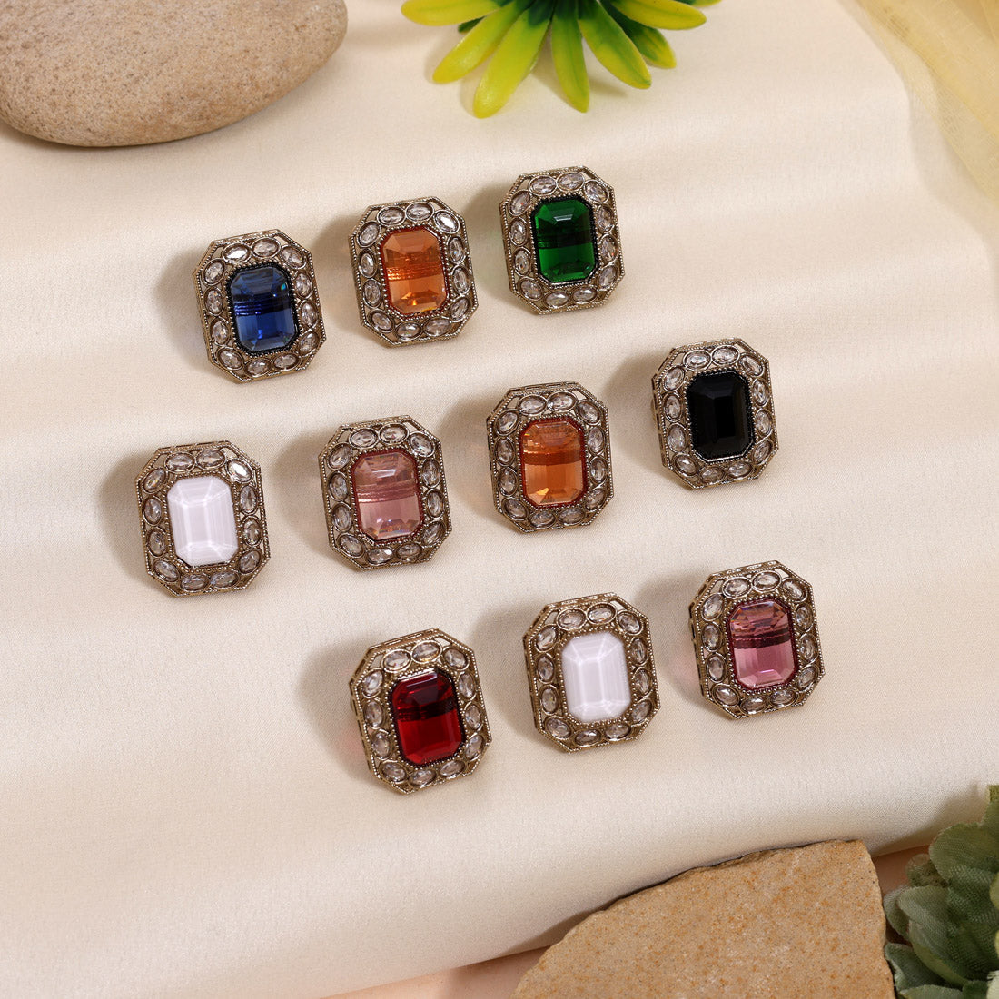 Assorted Color 10 Kundan Finger Rings With Detailed Artistic Craftsmanship
