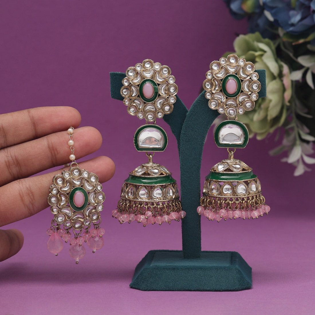 Pink Color Kundan Earrings With Maang Tikka (KDTE556PNK)