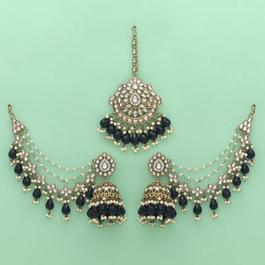 Black Color Kundan Earrings With Maang Tikka (KDTE560BLK)
