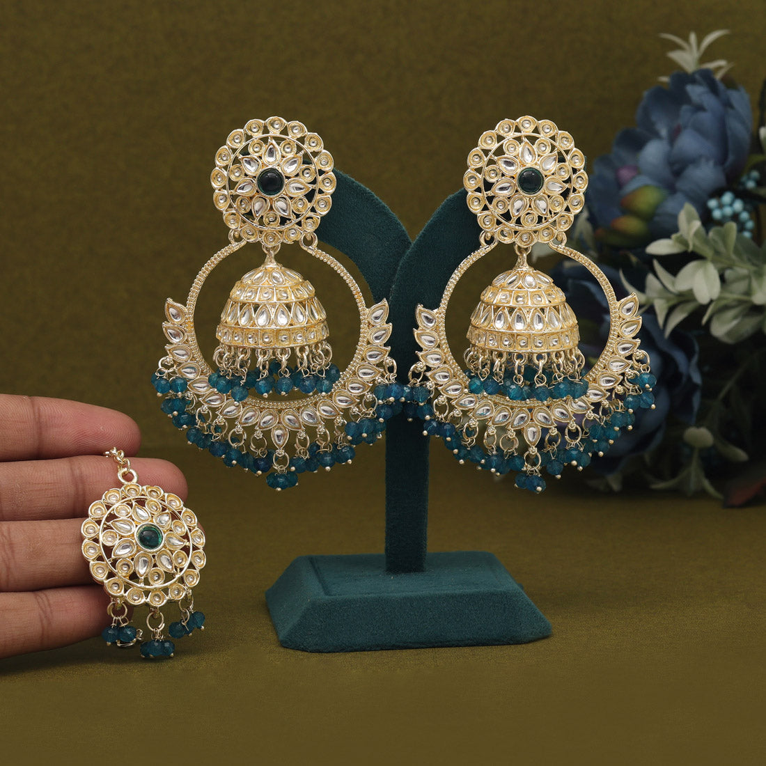 Turquoise Blue Color Kundan Earrings With Maang Tikka (KDTE563TBLU
