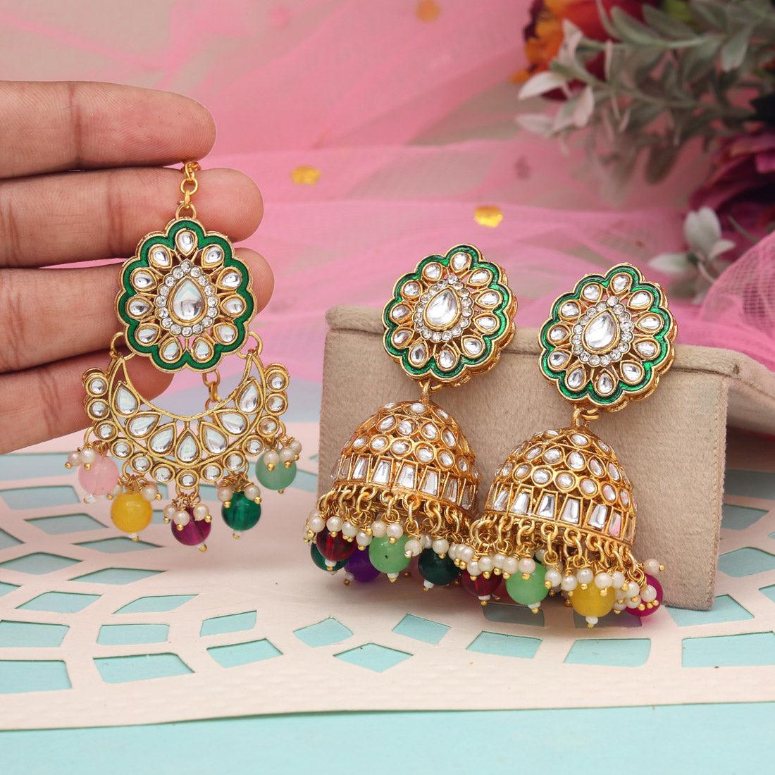 Multi Color Kundan Earrings With Maang Tikka (KDTE569MLT