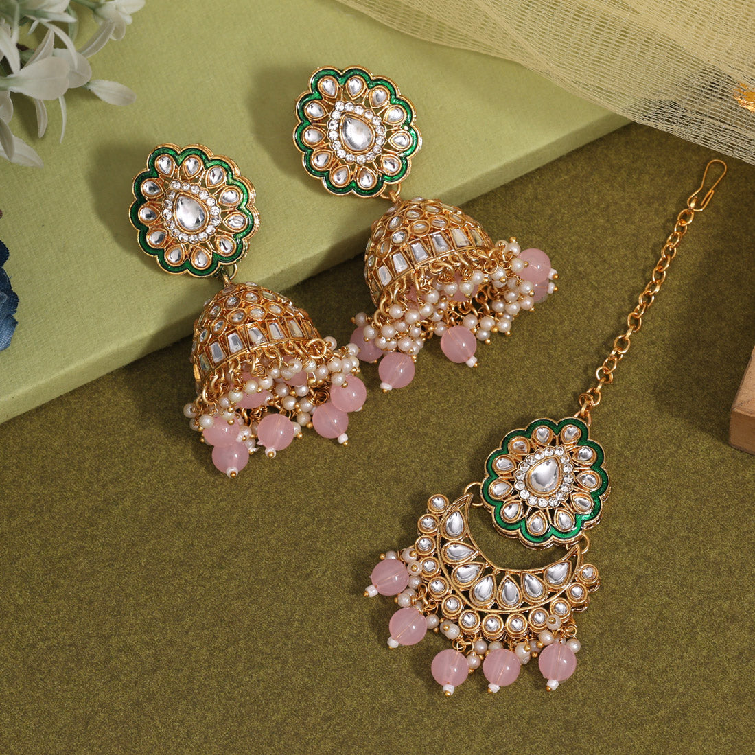 Pink Color Kundan Earrings With Maang Tikka KDTE569PNK