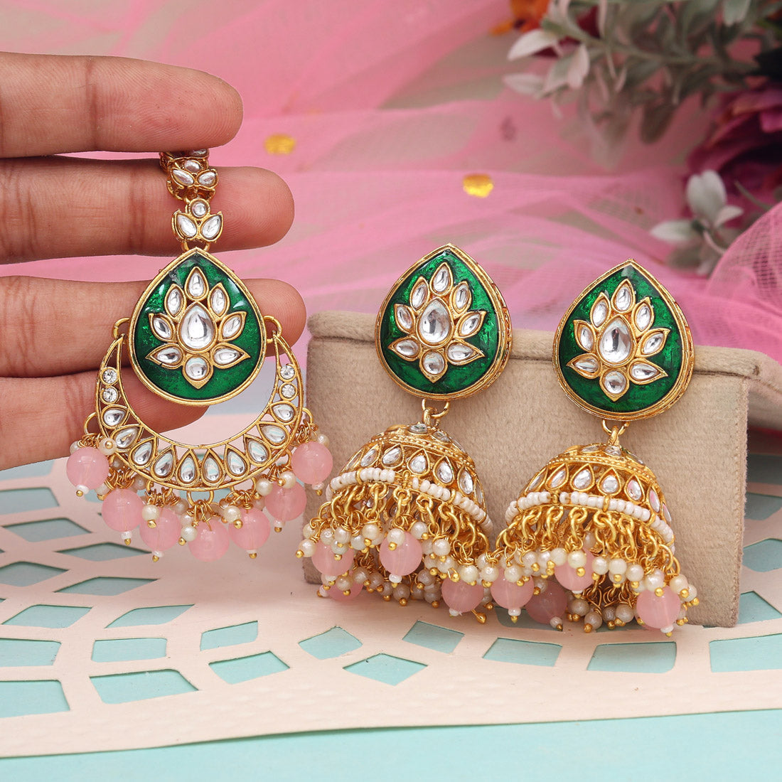 Pink Color Kundan Earrings With Maang Tikka – Eindiawholesale