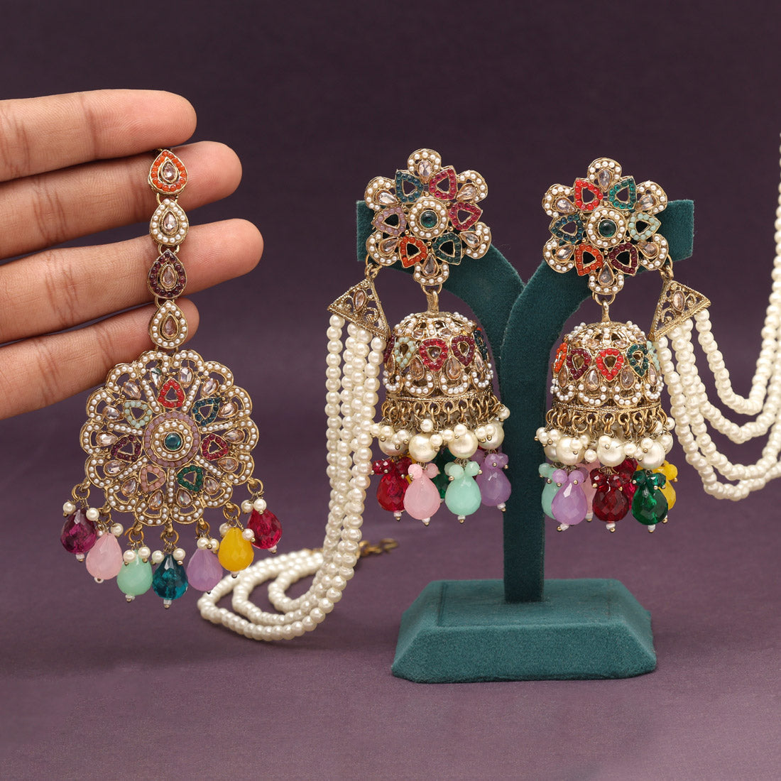 Multi Color Pakistani Kundan Earrings With Maang Tikka (KDTE579MLT)
