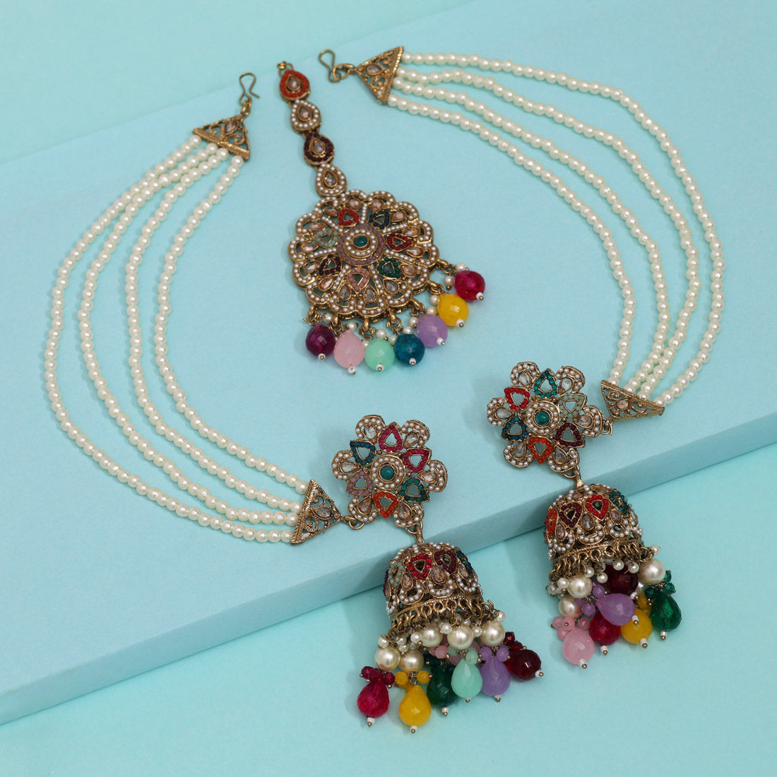 Multi Color Pakistani Kundan Earrings With Maang Tikka (KDTE579MLT)