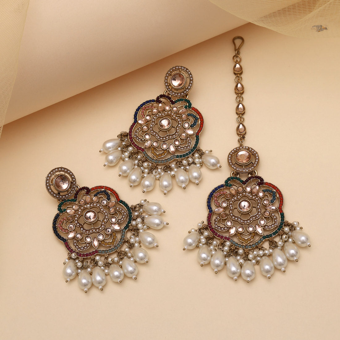 Multi Color Pakistani Kundan Earrings With Maang Tikka (KDTE580MLT)