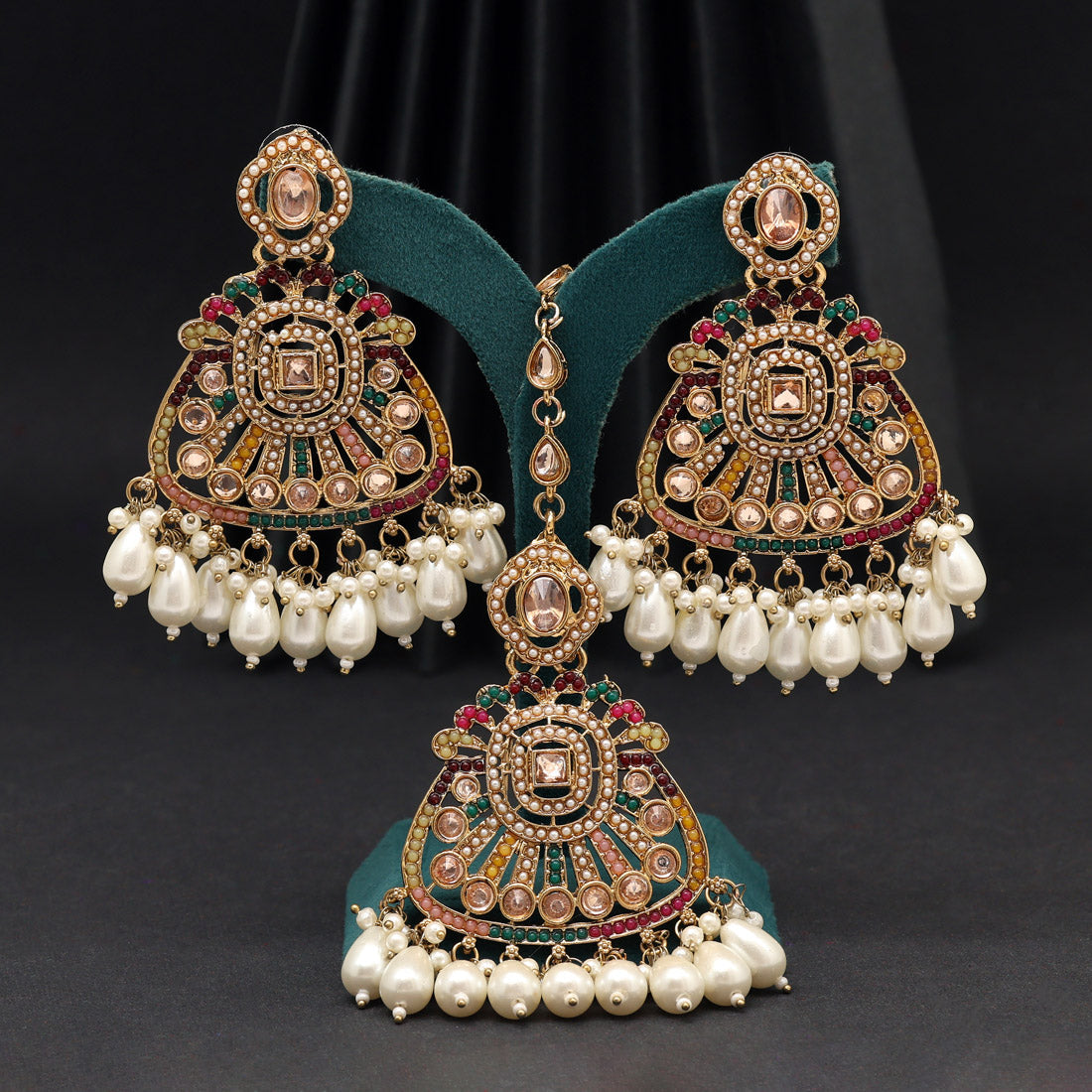 Multi Color Pakistani Kundan Earrings With Maang Tikka (KDTE583MLT)
