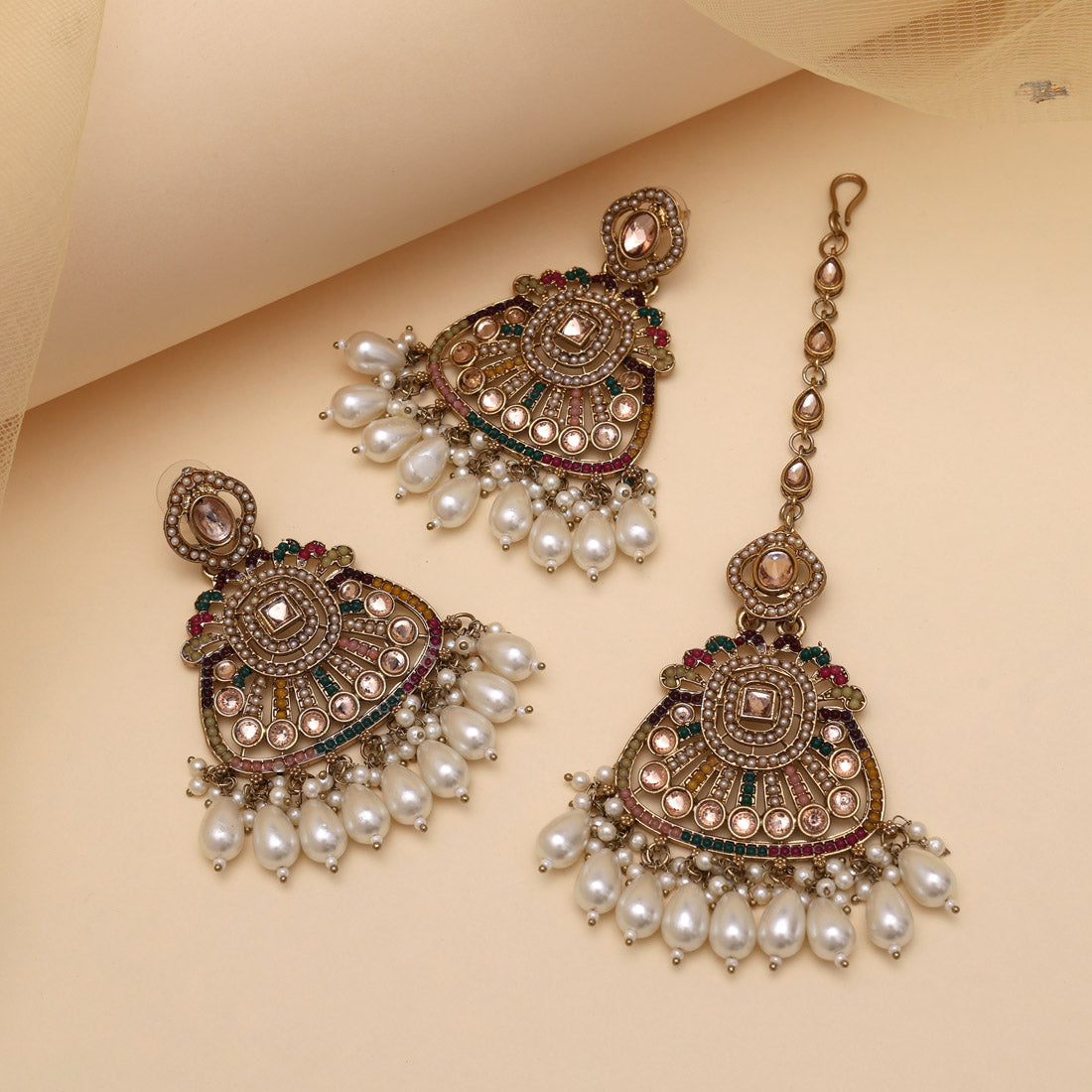 Multi Color Pakistani Kundan Earrings With Maang Tikka (KDTE583MLT)